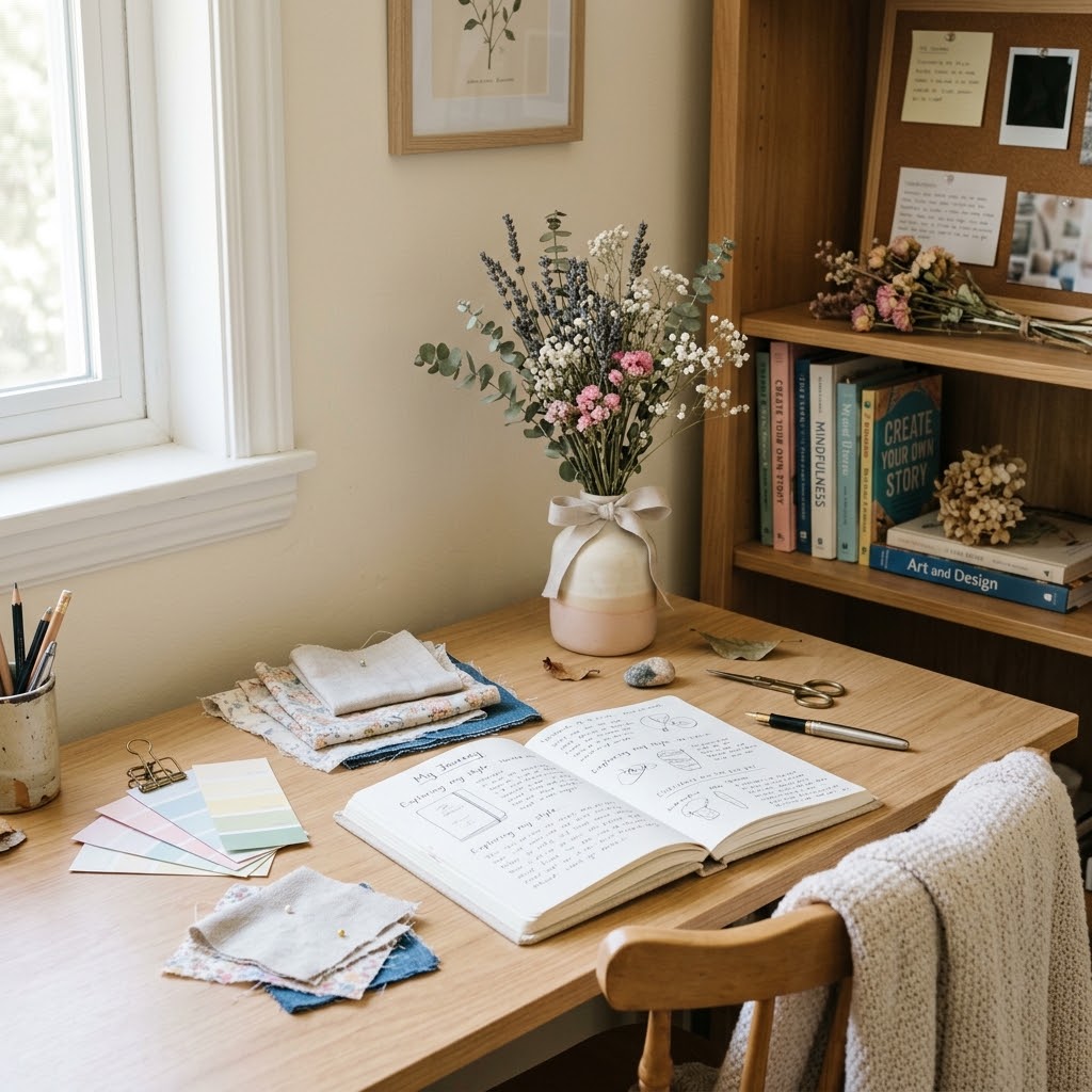 Pastel color swatches and a journal on a teen’s desk, inspiring the choice of a braided granddaughter bracelet.
