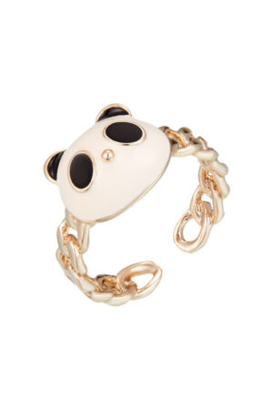 Cute panda ring with white and black enamel face and adjustable gold chain band