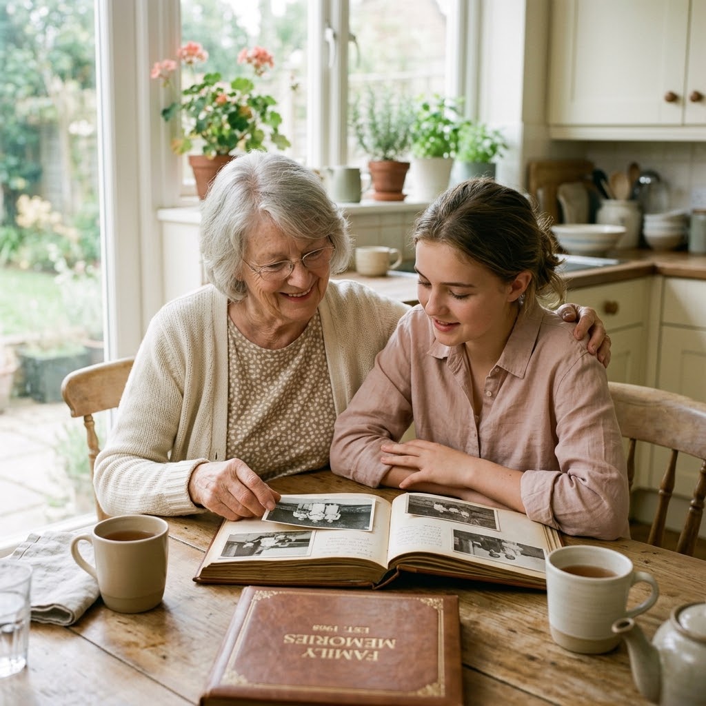 Grandmother and teen granddaughter sharing a warm moment, representing the bond behind a braided granddaughter bracelet.